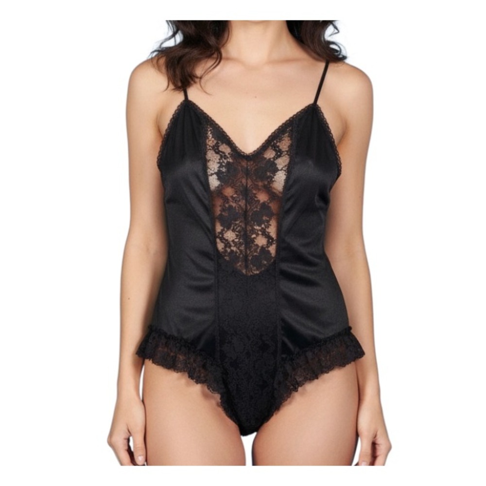 Vintage BLACK SILKY TEDDY One-Piece Lingerie LOTS OF LACE Nylon Tricot SZ L